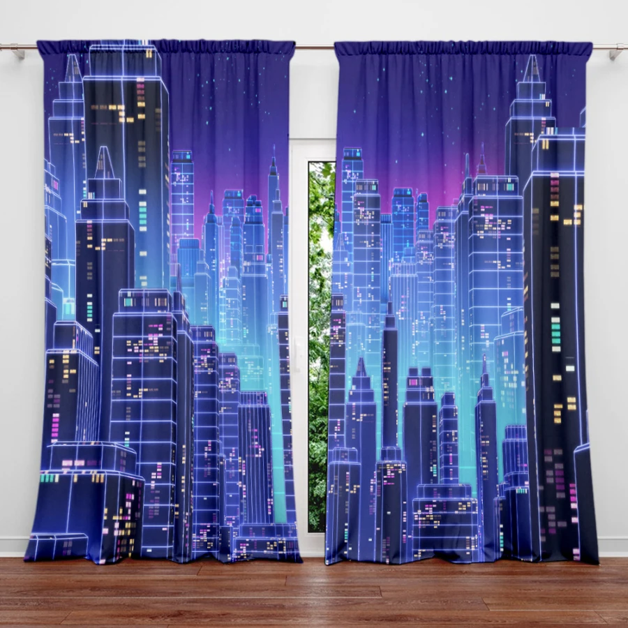 2PCS Digital Printed Curtains, Neon City Design, Urban Cityscape Style Rod Pocket Window Drapes for Living Room Bedroom Decor