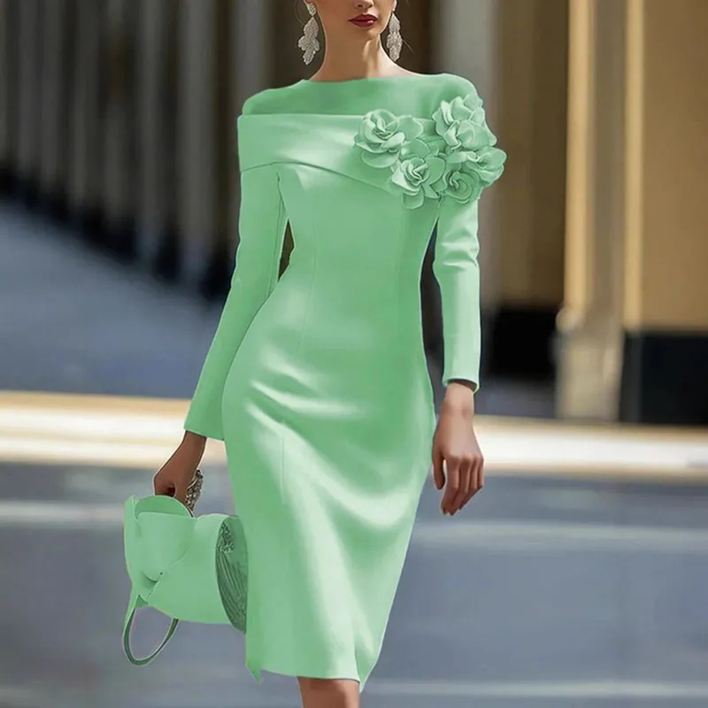 Moda 3d flor slash neck manga longa vestido de noite mulher elegante emendado malha magro bodycon vestido novo outono sólido sexy vestido