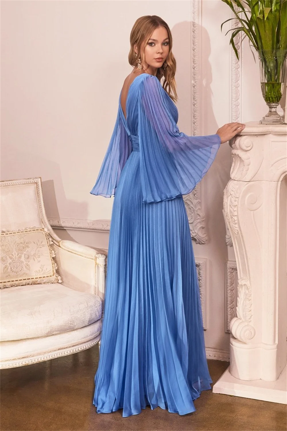 Off the Shoulder V-neck Chiffon Bridesmaid Dresses Pleated Sheer Corset Long Sleeves Formal Evening Party A-line Prom Gowns