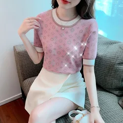 Knit Pullover Summer Cardigan for Women Korean Fashion Coats Short Sleeve T-shirt Hot Drill Shiny Cheap Wholesale New