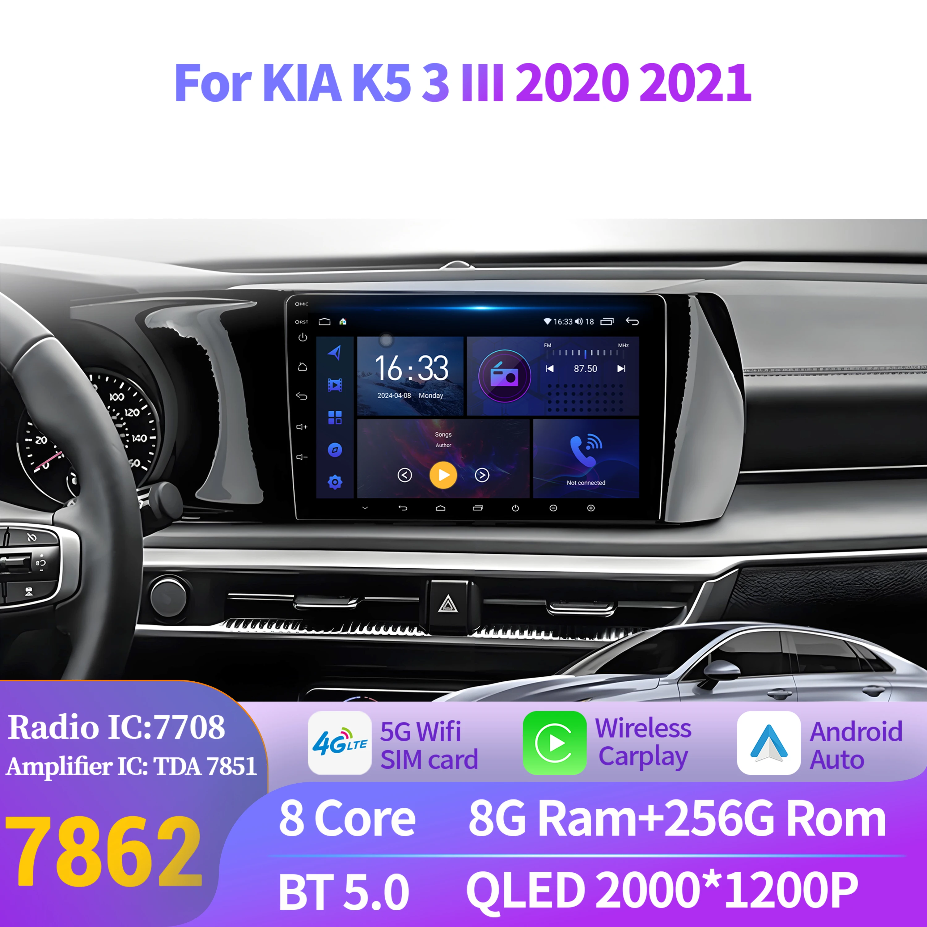 

Для KIA K5 3 III 2020 2021 Android 14 Автомобильный радиоприемник Мультимедийный плеер Навигация GPS Carplay DSP Wi-Fi Bluetooth 2K QLED Экран