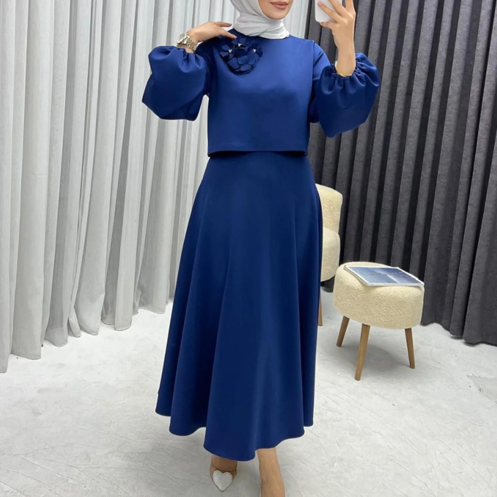 Ramadan Elegant 2 Piece Set Women Lantern Sleeve Flower Crop Top High Waist A-line Skirt Suit 2024 Spring Lady Abaya Turkey Sets