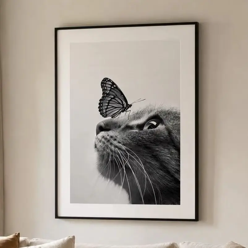 Butterfly Cat Poster,Canvas Wall Print,Modern Art Illustration,High‑Grade Home Decoration Artwork for Bedroom,Living Room,Office