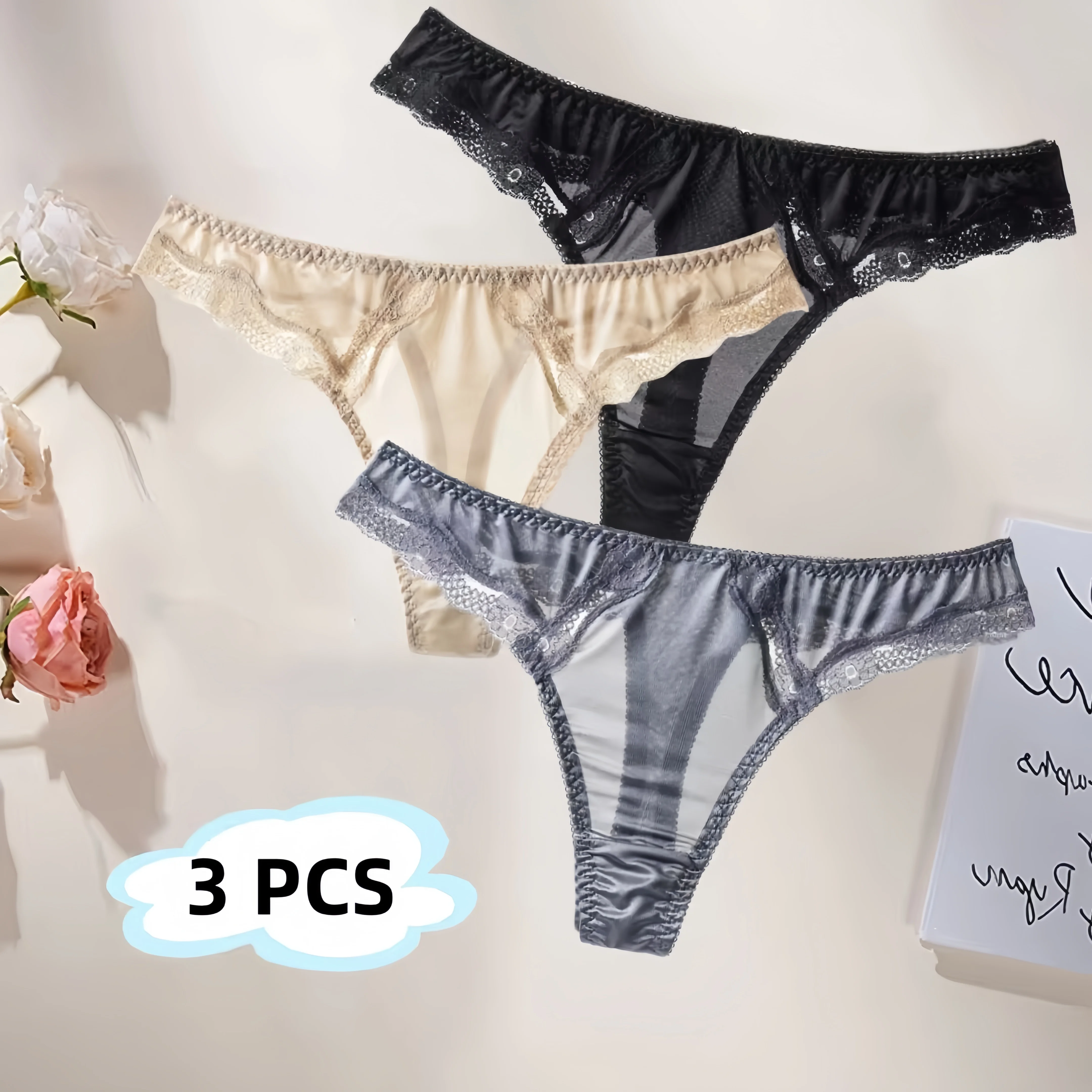 3 PCS Stitching High Women Panties Ice Silk Light T-pants Lace Comfortable Sexy Underwear Elastic Peach Hip Thong