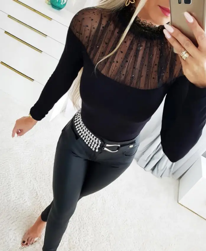 Woman Blouse 2025 Spring New Fashion Rhinestone Decor Lace High Neck Mesh Patchwork Top Slim Fit Casual Daily Layering Top
