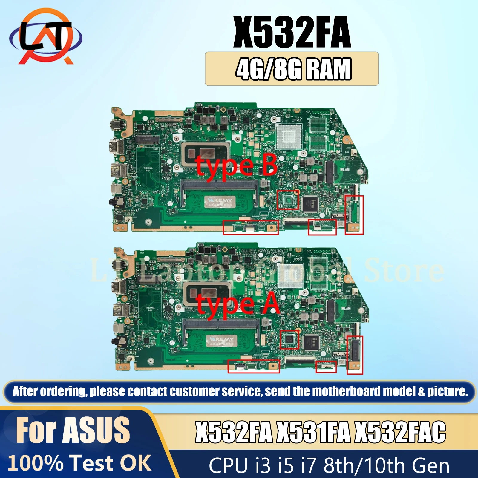 

Laptop mainboard X532FA For Asus X531FA X532FAC X532FLC X532F X531F computer motherboard with cpu i3 i5 i7 8th/10th 4G/8G RAM