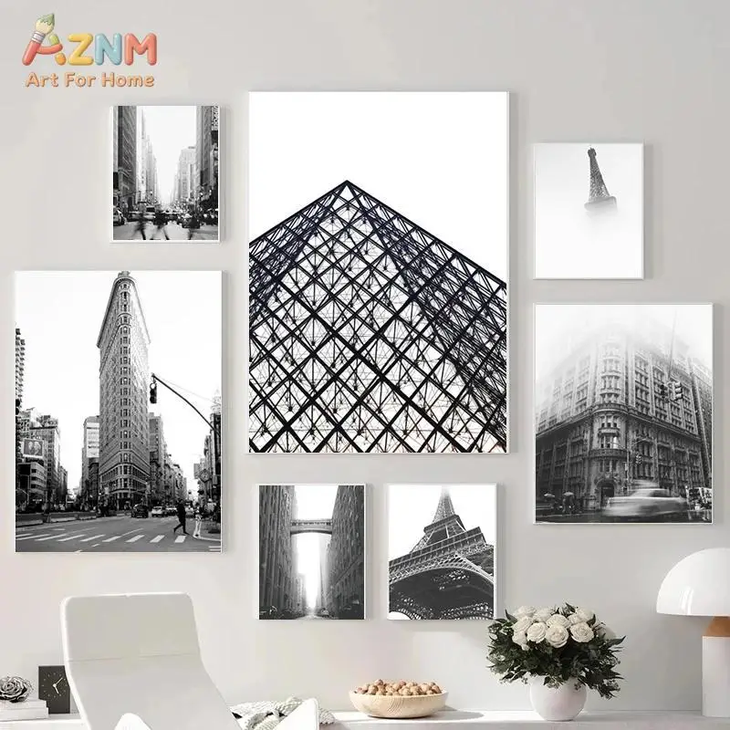 AZNM Black White City Architecture Canvas Wall Art Paris New York Building Photo Print Frameless Canvas Painting Modern Home Dec