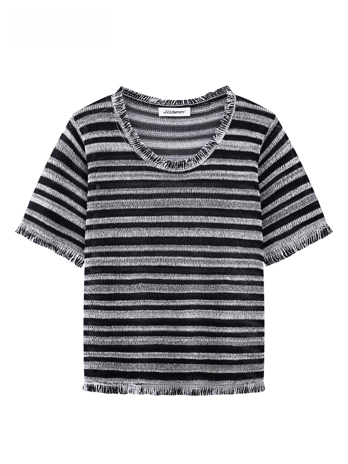 

JZZDEMM Retro ey Bla Color Blo Tassel Thin Summer Knitted ort Sve Women's Faionable Top Comfortable Fit round Ne