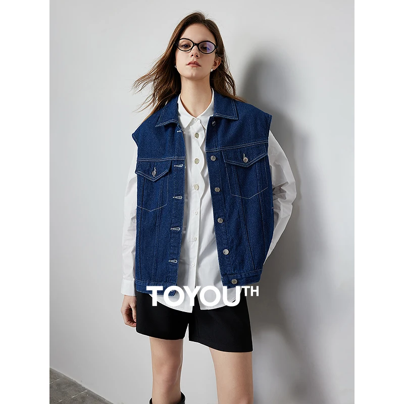 

TOYOUTH Denim Cowboy Waistcoat 2024 Spring Women Sleeveless Turn Down Collar Loose Jacket Pocket Design Casual Outwear Tops