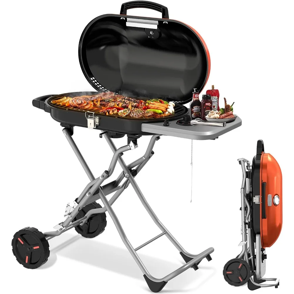 

Portable Propane Gas Grill, 15,000 BTU BBQ Grill with Top Cover Lid, Folding Legs & 2 Wheels, 406 sq.in. Grilling Areas