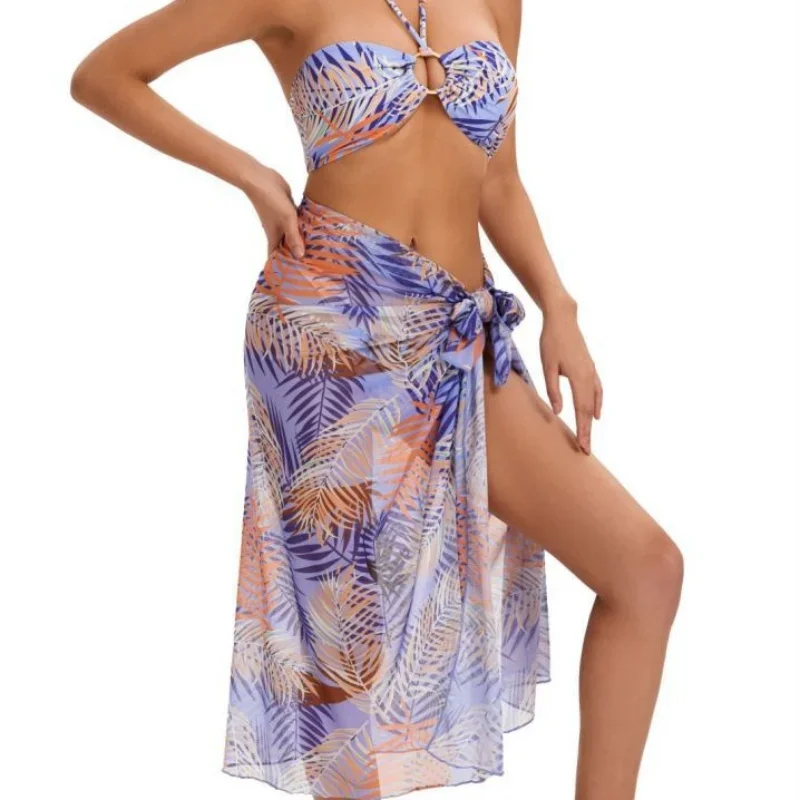 

New 3 Pieces Set Swimsuit Women Thong Swimwear Sexy Micro Bandeau Bikini Set With Sarong Skirts Beachwear Bathing Suit Female