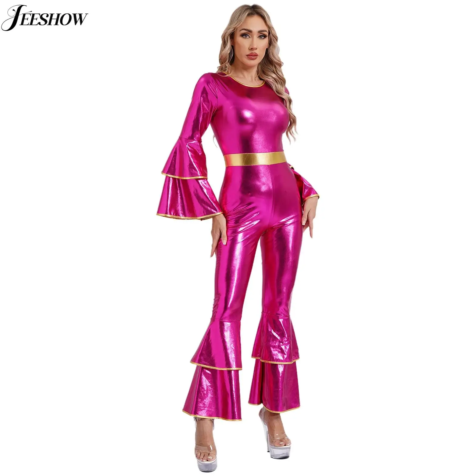 Womens 70s Disco Outfits Shiny Metalic Tiered Flare Long Sleeve Jumpsuits Retro Hippie Costume Bell Bottom One Piece Rompers