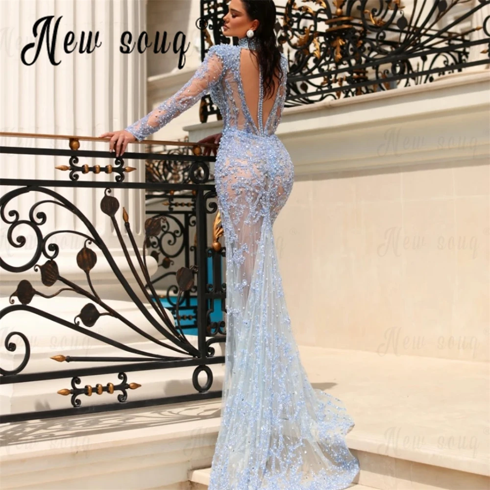 Sky Blue Backless High Split Evening Dress With Pearls Handmade Dubai Women Long Sleeve Wedding Party Gowns Dubai Cocktail Gowns