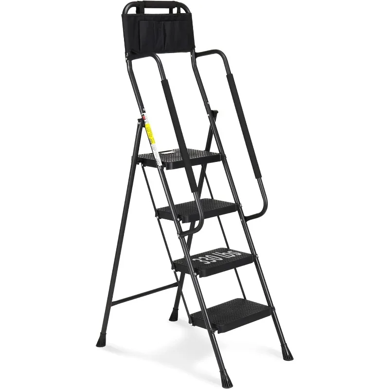 4 Step Ladder with Handrails, 330 lbs Folding Step Stool with Attachable Tool Bag & Anti-Slip Wide Pedal