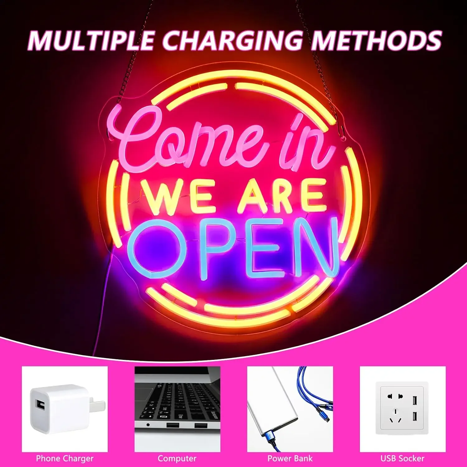 Come in We Are Open Neon Sign USB Dimmable LED Neon Light Sign for Drink Bar Man Cave Bedroom Hotel Shop Garage Party Wall Decor