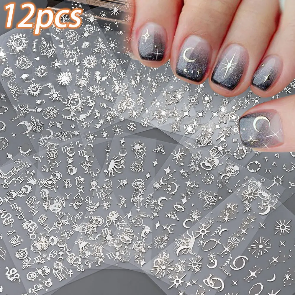 12 ชิ้น Glitter Silver Moon Star Sun Nail Art Decals 3D Bronzing งูแมวสติกเกอร์เล็บ 8*10 เซนติเมตร Self - กาว Starlight เล็บ Slider