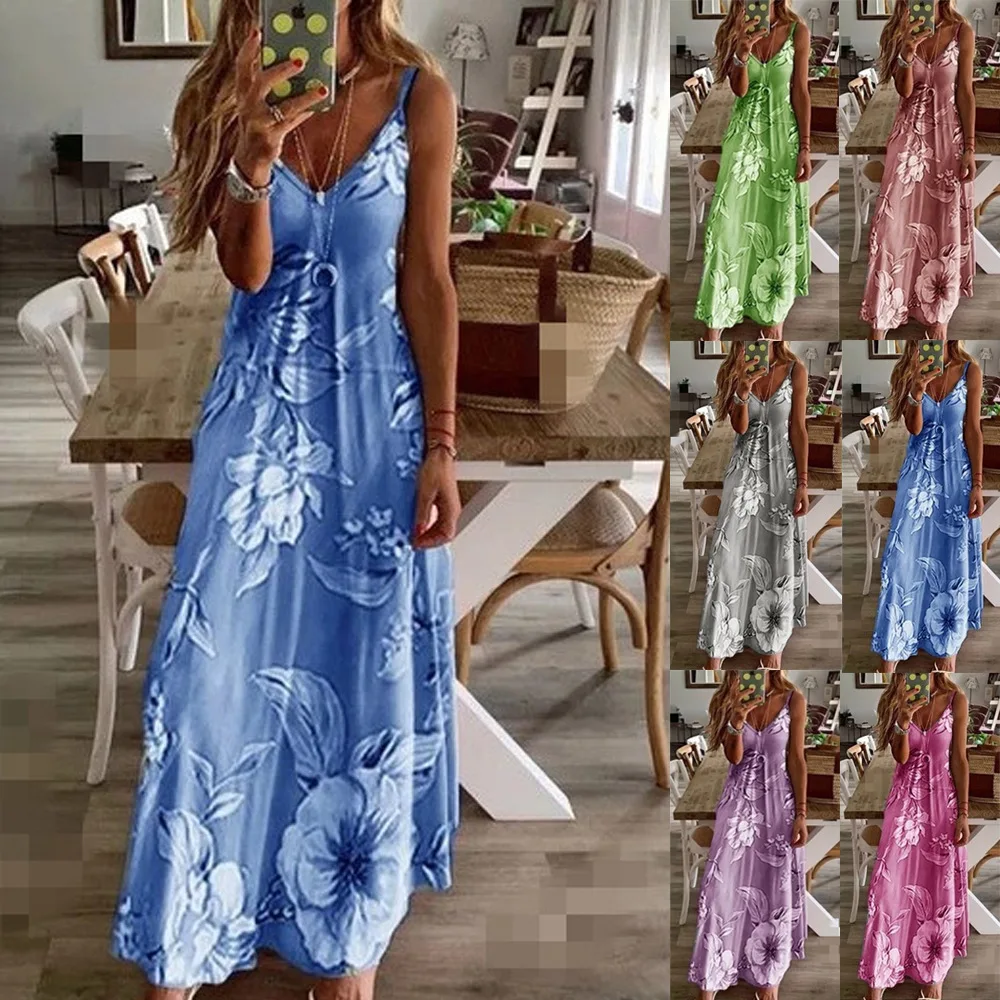 New Women's Dresses Summer Sexy Low-cut Printed Flower Suspender Dress for Women