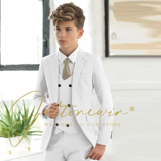 Traje blanco para ninos chaqueta de fiesta Formal pantalones chaleco de 3 piezas solapa con muescas esmoquin de boda conjunto de Blazer para