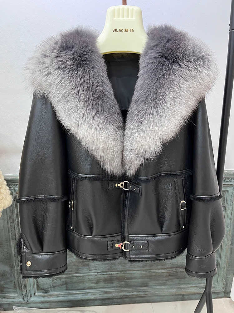 

2024 Winter Women Warm Real Natural Merino Sheep Fur Coat Fox Fur Collar Coats Double-faced Fur Thick Genuine Leather Jacket