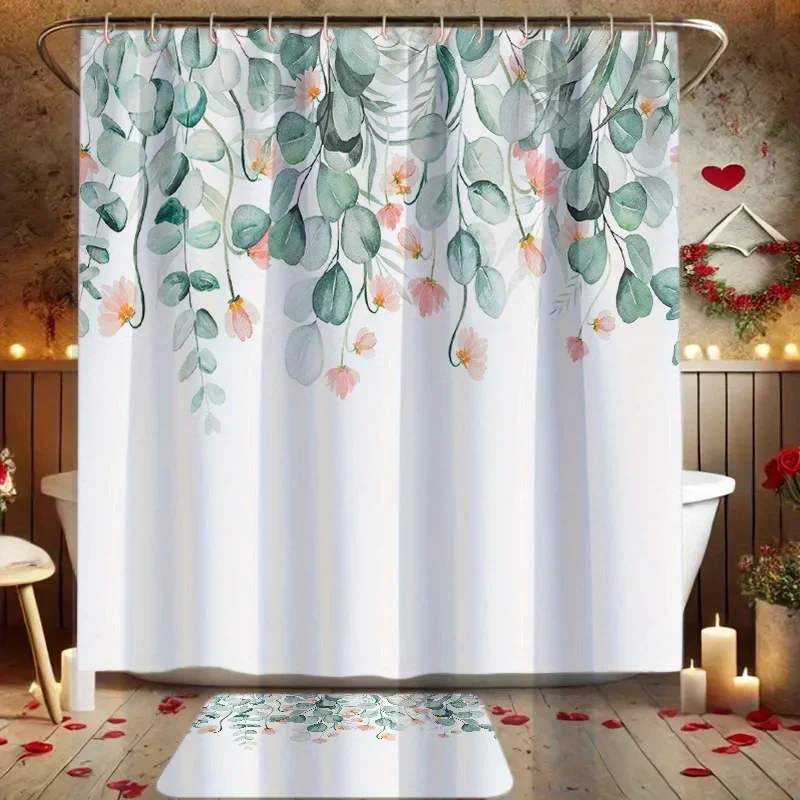 Il set da bagno da 4 pezzi con stampa floreale verde fresco include una tenda da doccia, un tappetino antiscivolo, un copriwater, un tappetino a forma di U