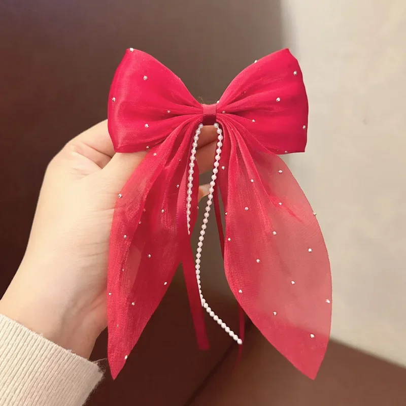 

1PC Pearl Large Bow Hair Clip Girls Solid Long Big Bownot Float Satin Clips Back Head Barrette Elegant Fashion Hair Accessories