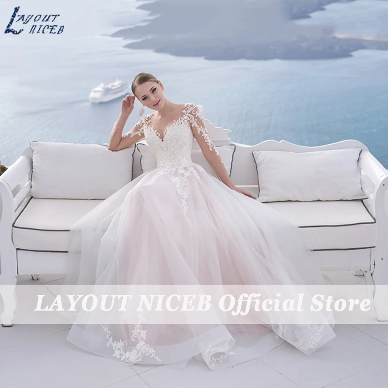 Bố Trí NICEB Dài Tay Áo Wedding Dress Ren Appliques Vestido De Novia Blush Màu Hồng Thanh Lịch Váy Cưới Cho Cô Dâu Tùy Chỉnh Thực Hiện