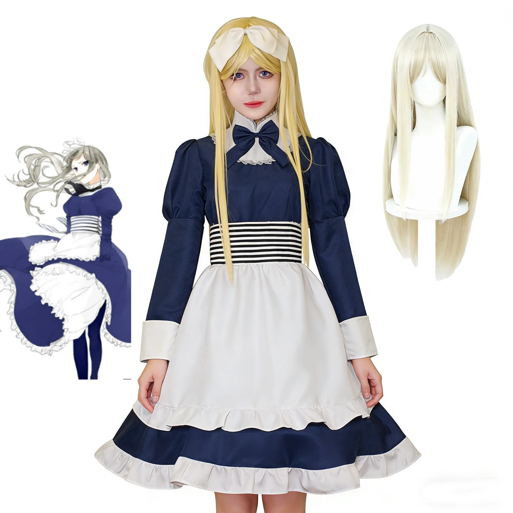 

Anime Axis Powers Hetalia Natasha Cosplay Costume Wig Blue Maid Dress White Apron Full Set Halloween Party Role Play Uniform