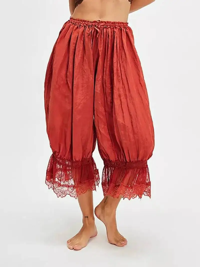 

Женские укороченные брюки-фонарики Y2K свободного кроя с завязками на талии, с цветочным кружевом и вставками, длина до икры, L8XS