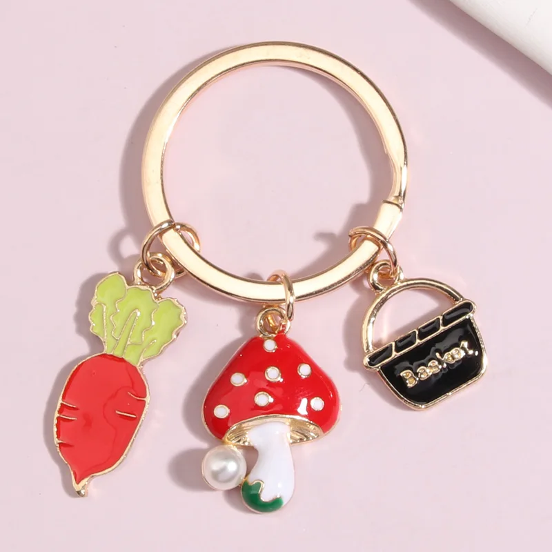 Cartoon Enamel Radish Mushroom Basket Key Ring Forest Key Chains Souvenir Gifts For Women Men Car Hanging DIY Handmade Jewelry