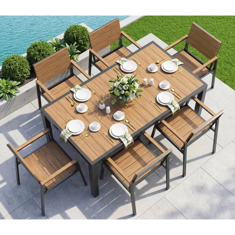 

-Piece 6-Seater Outdoor Patio Dining Furniture Set, Heavy-Duty Aluminum HDPS Table & Chairs, Built-in Hole