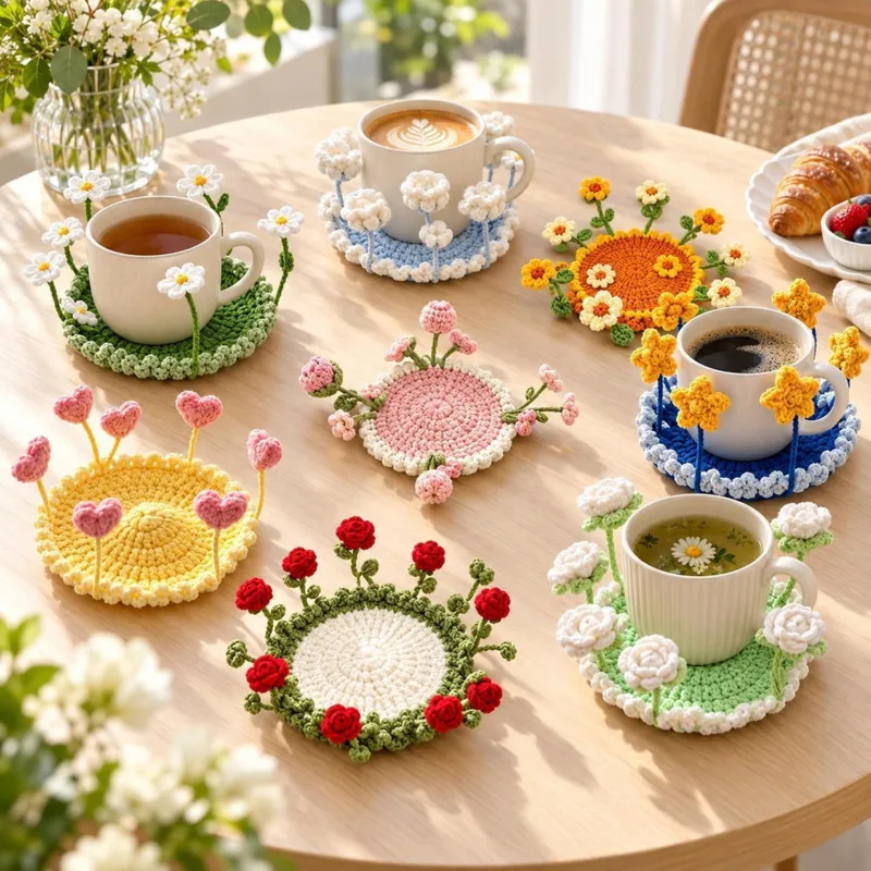 finished Handmade Crochet Flower Coaster Artificial, Tulip Cup Mat Cute Knitted, Drink Pad Home Table Kitchen, Decor Gift