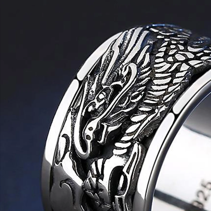 Original design Thai silver carved dragon men\'s ring retro domineering rotatable business style light luxury jewelry