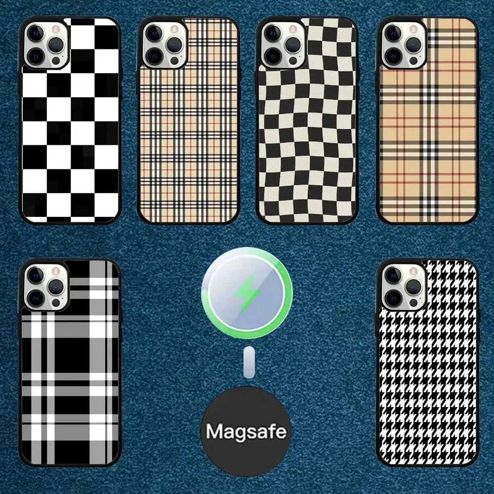 

White Black Plaid Print Phone Case For iPhone 16,15,14,13,12,11,Plus,Pro,Max Mini Magsafe Magnetic Wireless Charging