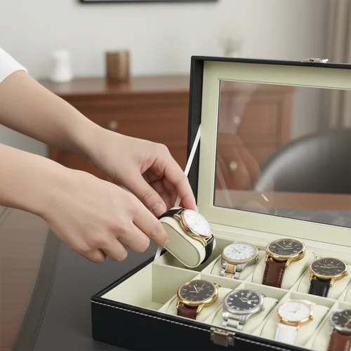 Imagen 2 del producto Estuche para 12 Relojes con Ventana Transparente - Estuche de Exhibición de Cuero PU Gris con Forro de Terciopelo Suave y Cierre Metálico