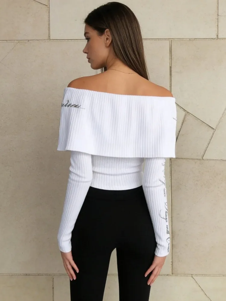 Camiseta feminina de manga comprida, manga comprida, elegante, sem ombro, gola única, elegante, emagrecimento, essencial para primavera e S