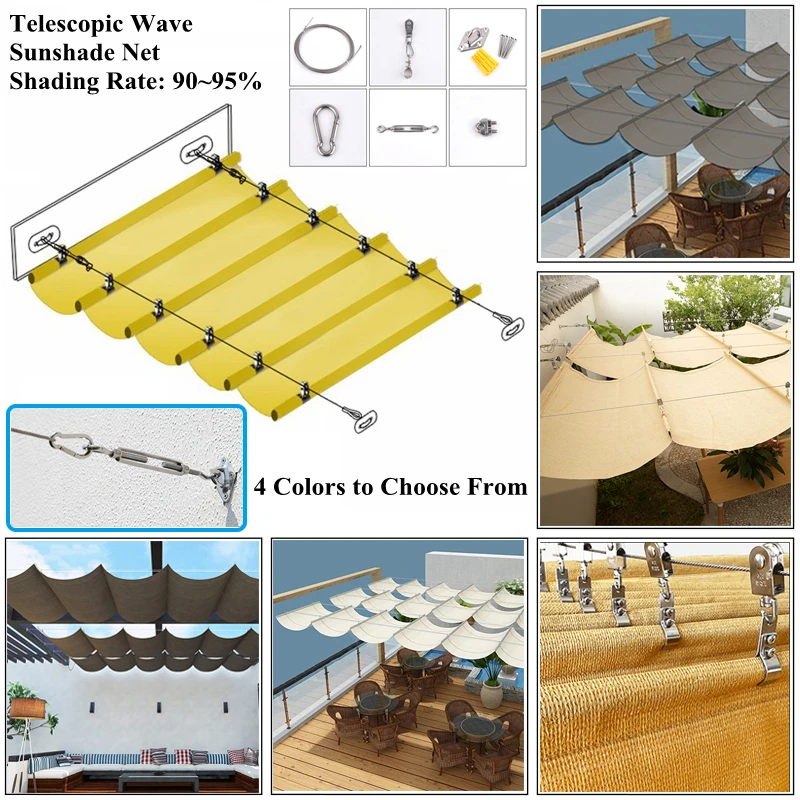 4 Colors Telescopic Wave Sun Shade Net Garden Shading Sail Swimming Pool Sunshade Net Outdoor Awning Installation Accessories