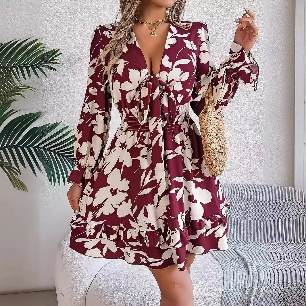 Dresses For Women V Neck Bow Floral Print Ruffles Elegant Party Mini Dress Vestido Midi Elegante Elbise Платья Год Модные Jupes