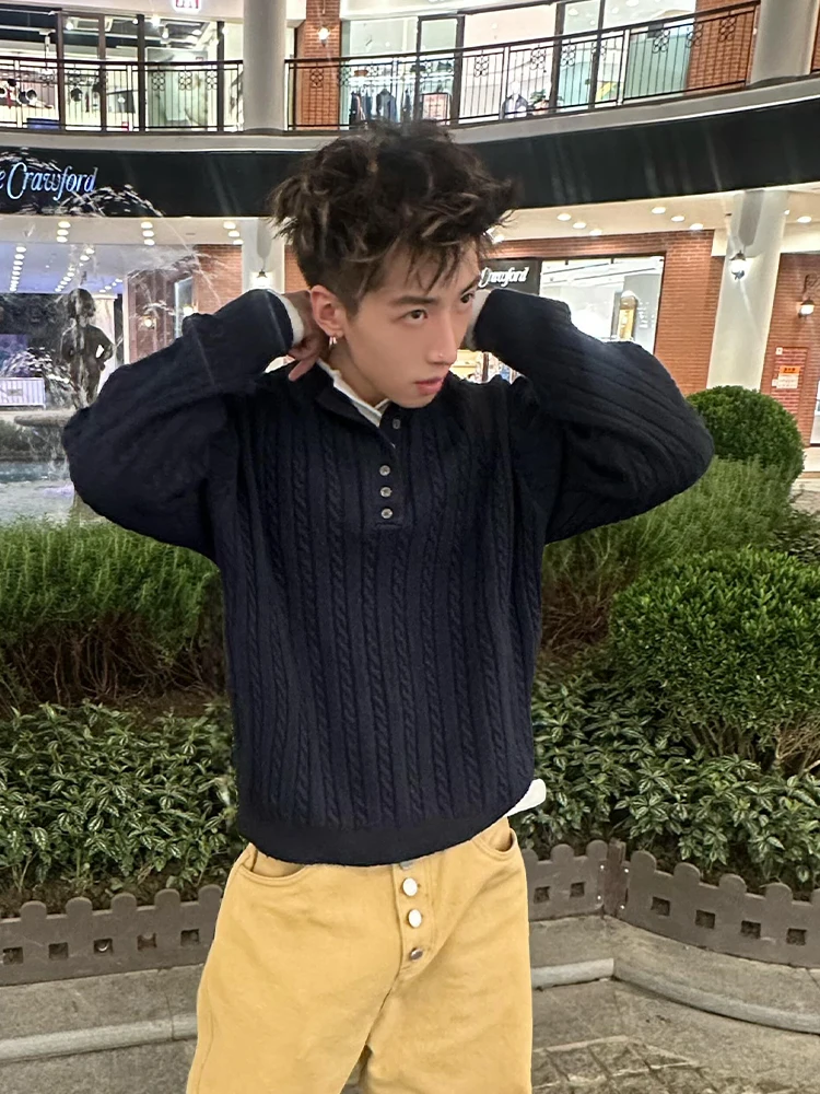 

Loose Fit Men's Knitted Sweater Cables Henry Collar Stripe Casual Sle k Blue Autumn Winter American Retro Sle Knitwear