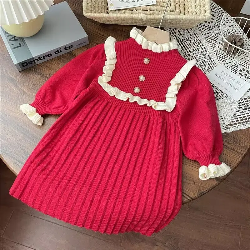 New Year Red Girl Knitting Wool Long Sleeve Princess Dress Autumn Winter New Warm Sweater Dress Kid Christmas Casual Clothes