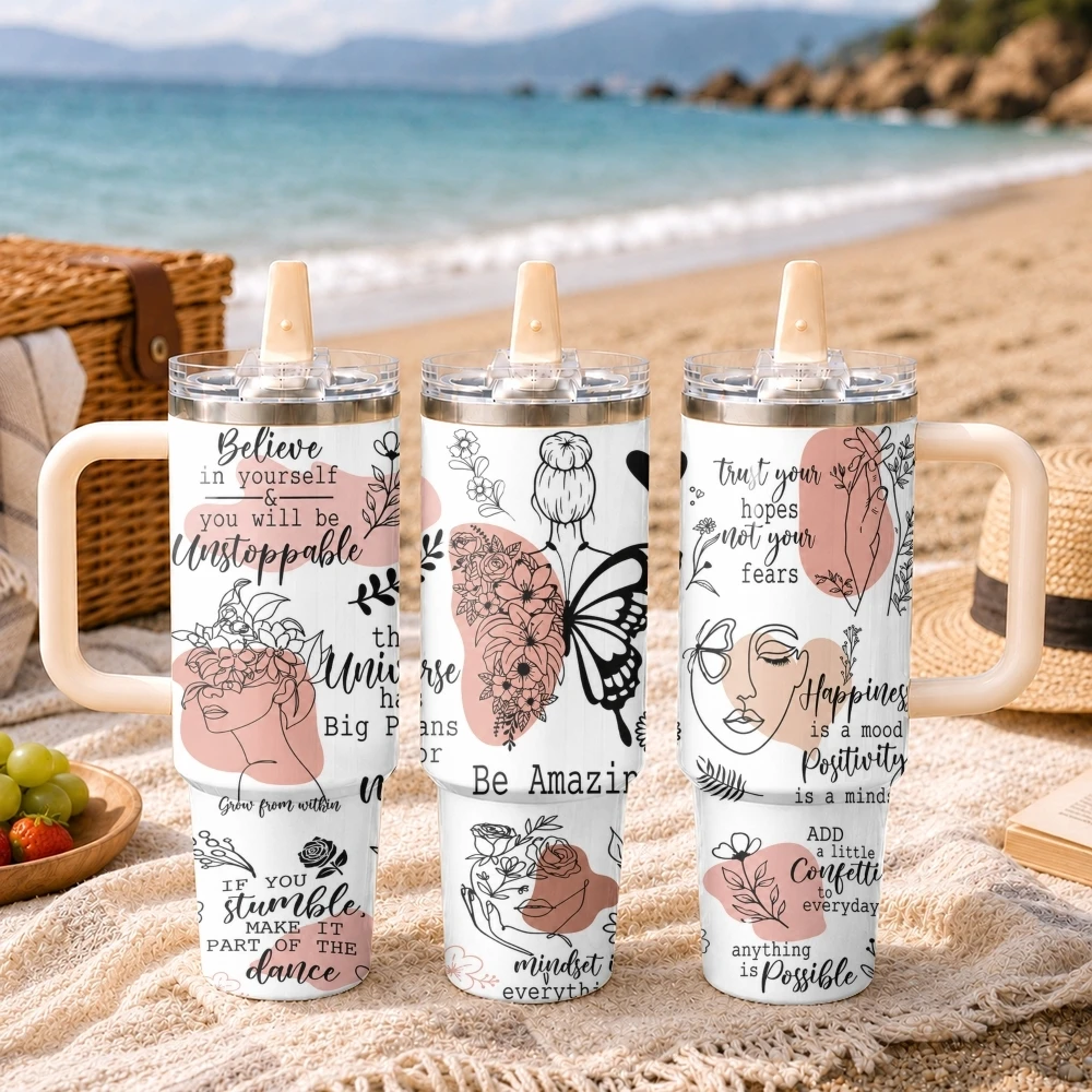 Thermos à Affirmations Positives 40oz en Acier Inoxydable, Tasse de Voyage Isotherme Anti-fuite, Mug Portable pour Café