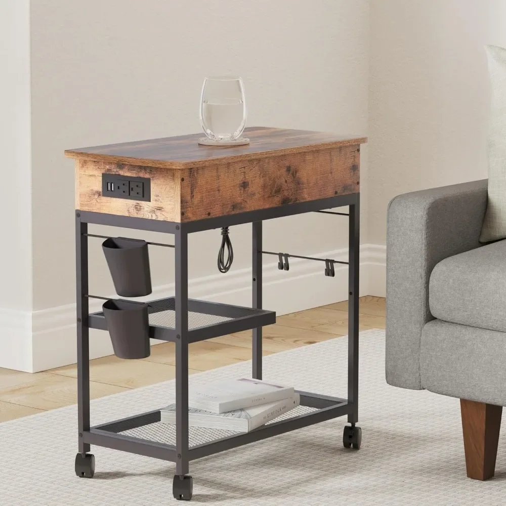 End Table with Charging Station and Wheels, Sofa Side Table with USB Port & AC Outlets, Movable Bedside