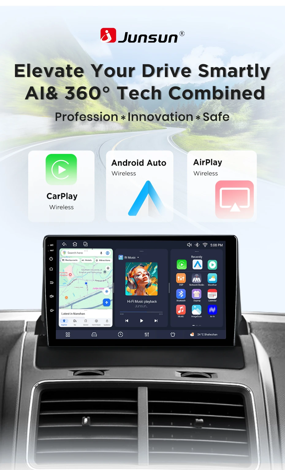 Junsun Android 15 Auto-Intelligenzsystem für Dodge Journey 2009-2012, KI-Wireless-CarPlay für Apple Auto, 9" IPS-Touchscreen – Detail 2