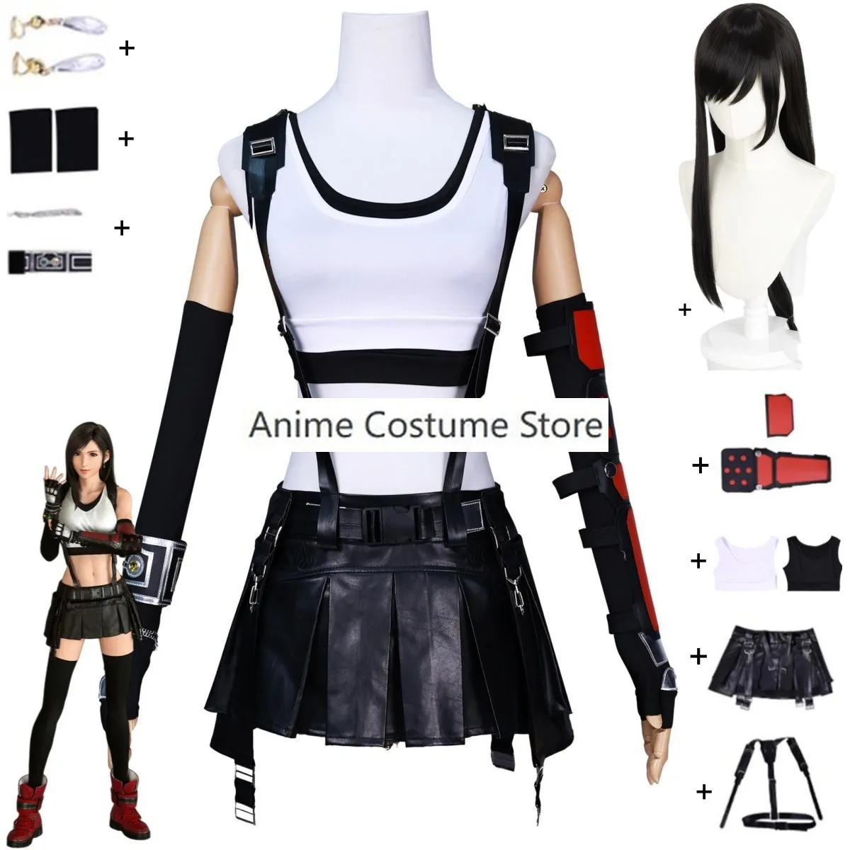 Anime Final Fantasy VII Tifa Lockhart Cosplay Costume Game Combat Uniform T-shirt Short Skirt Wig Woman Sexy Carnival Suit