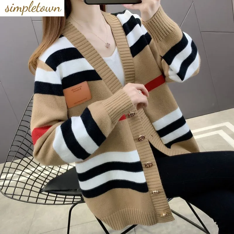 

Striped Knitted Cardigan Jacket for Women's Early Spring 2023 New Vintage Loose Sweater Korean Version Lazy Style Jacket