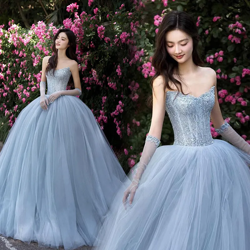 

Синие свадебные платья Quinceanera, модное тюлевое платье с блестками для вечеринки, дня рождения, торжественное платье принцессы для свадебных фотографий, платье невесты по индивидуальному заказу