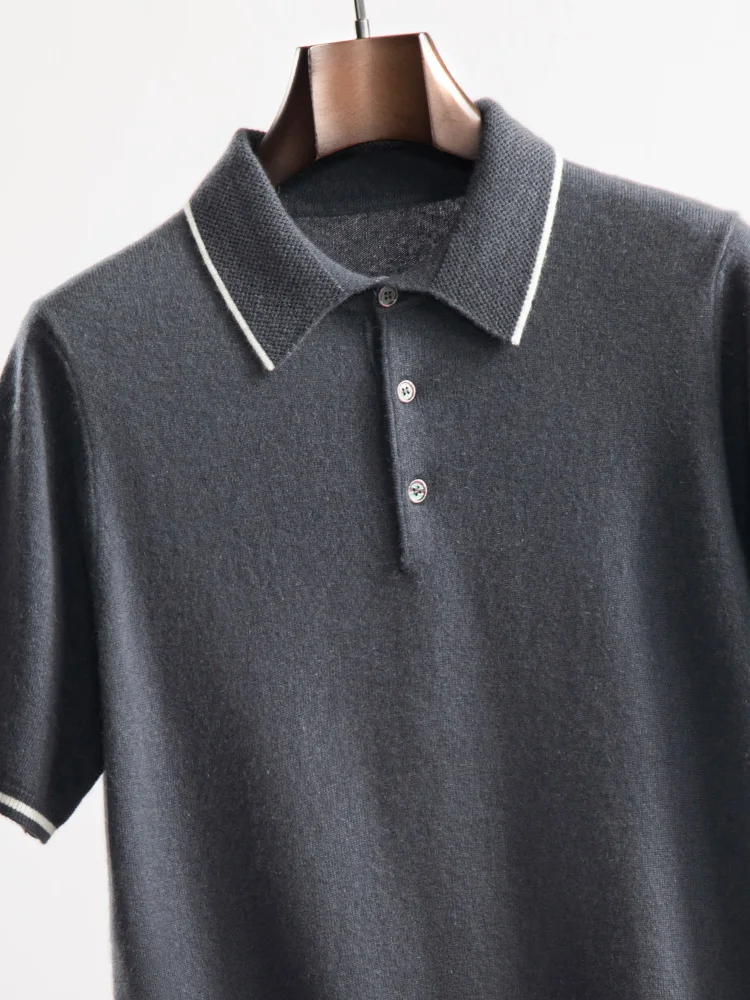 Men's Half Sleeve Cashmere Polo Collar Pullover 100% Cashmere Knitwear Smart Casual Basic Sweater Spring Autumn High Quality Top