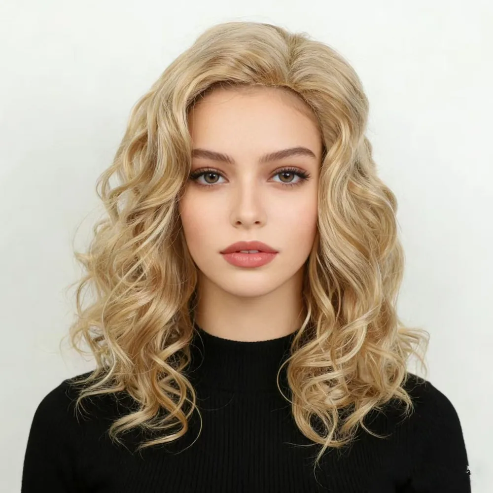 耐熱性ブロンドカーリーウィッグ-16-インチ女性用合成ウェーブヘア自然な見た目すぐに着用できるスタイリッシュなヘア交換用ウィッグ