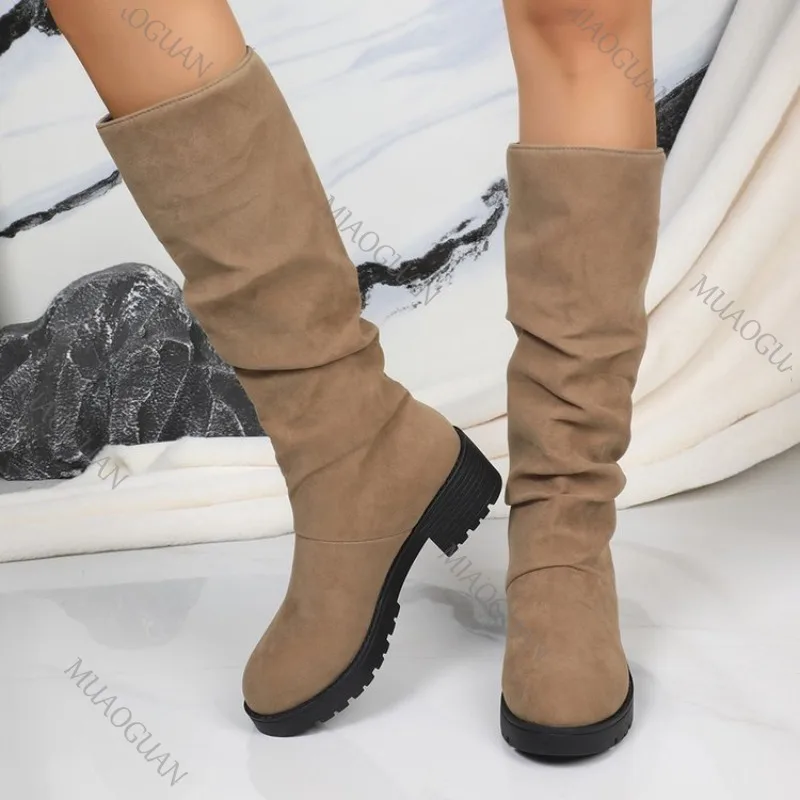 Boots for Women 2025 Spring Autumn Suede Thick Medium Heel Pleated Mid-calf Boots Casual Platorm Solid Slip on Knight Booties