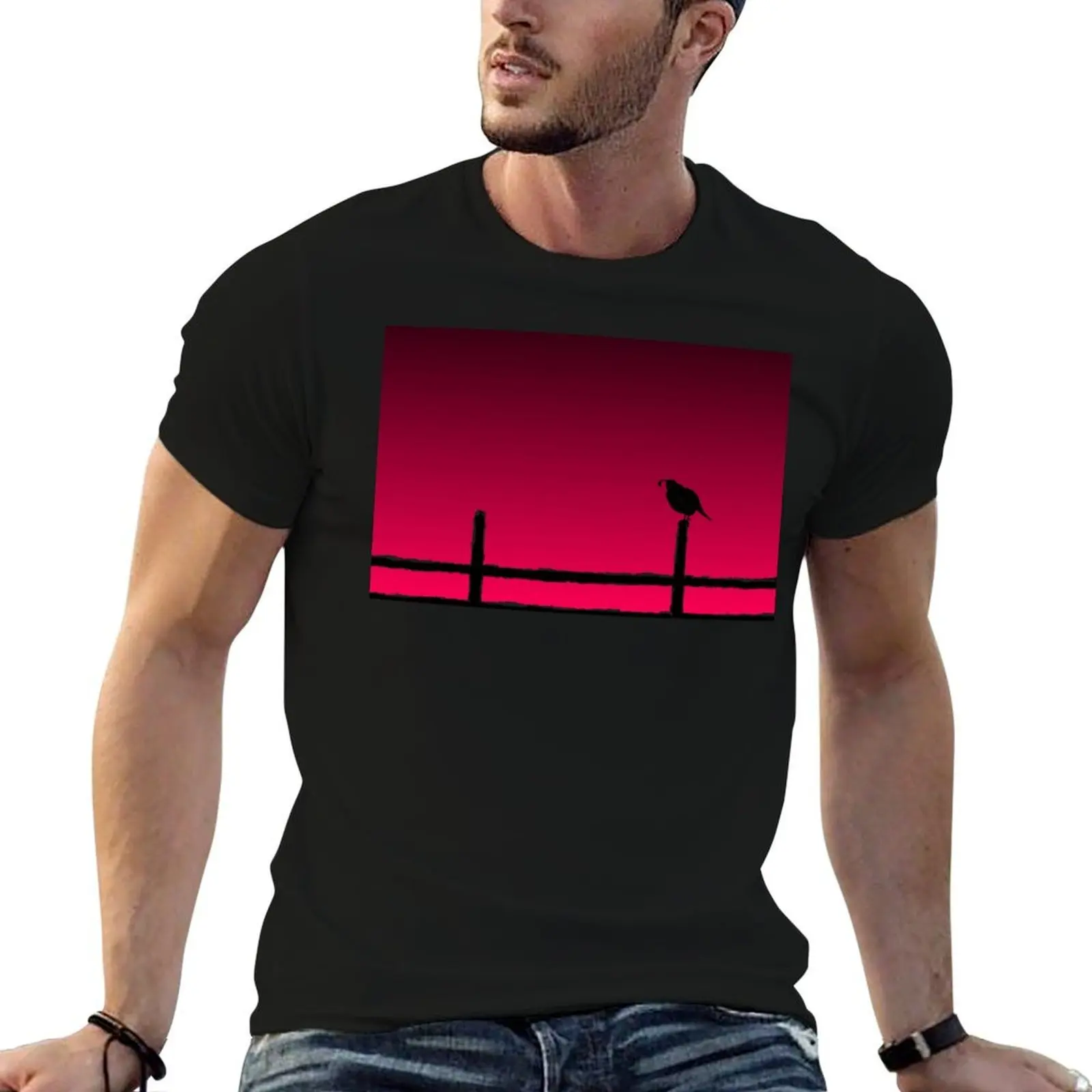 Quail on Fence at Sunset T-Shirt funny shirt cotton plus size tops Men's t-shirt