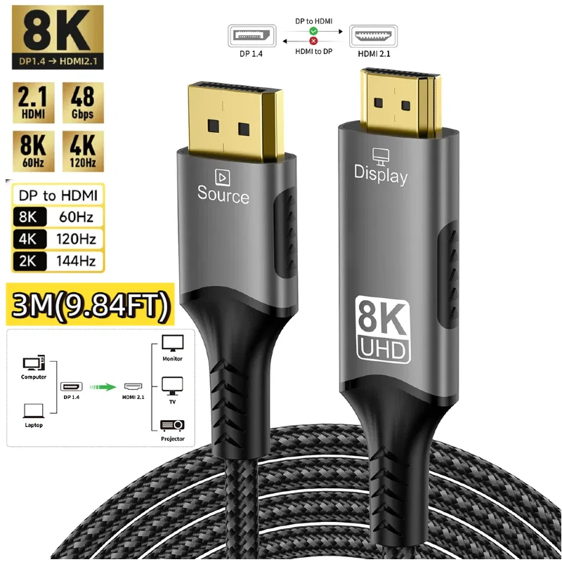 8K@60Hz DisplayPort naar HDMI-kabel Unidirectionele DisplayPort naar HDMI-kabel Gevlochten kabel Compatibel voor HDTV/MacBook/Xbox